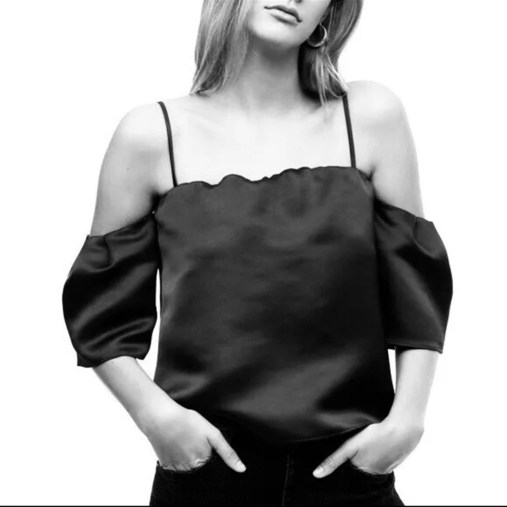 Aritzia black satin off shoulder blouse size s
